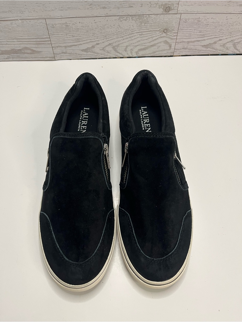 New Lauren Ralph Lauren Jeorgia Black Suede Slip-On Sneakers with zippered sides